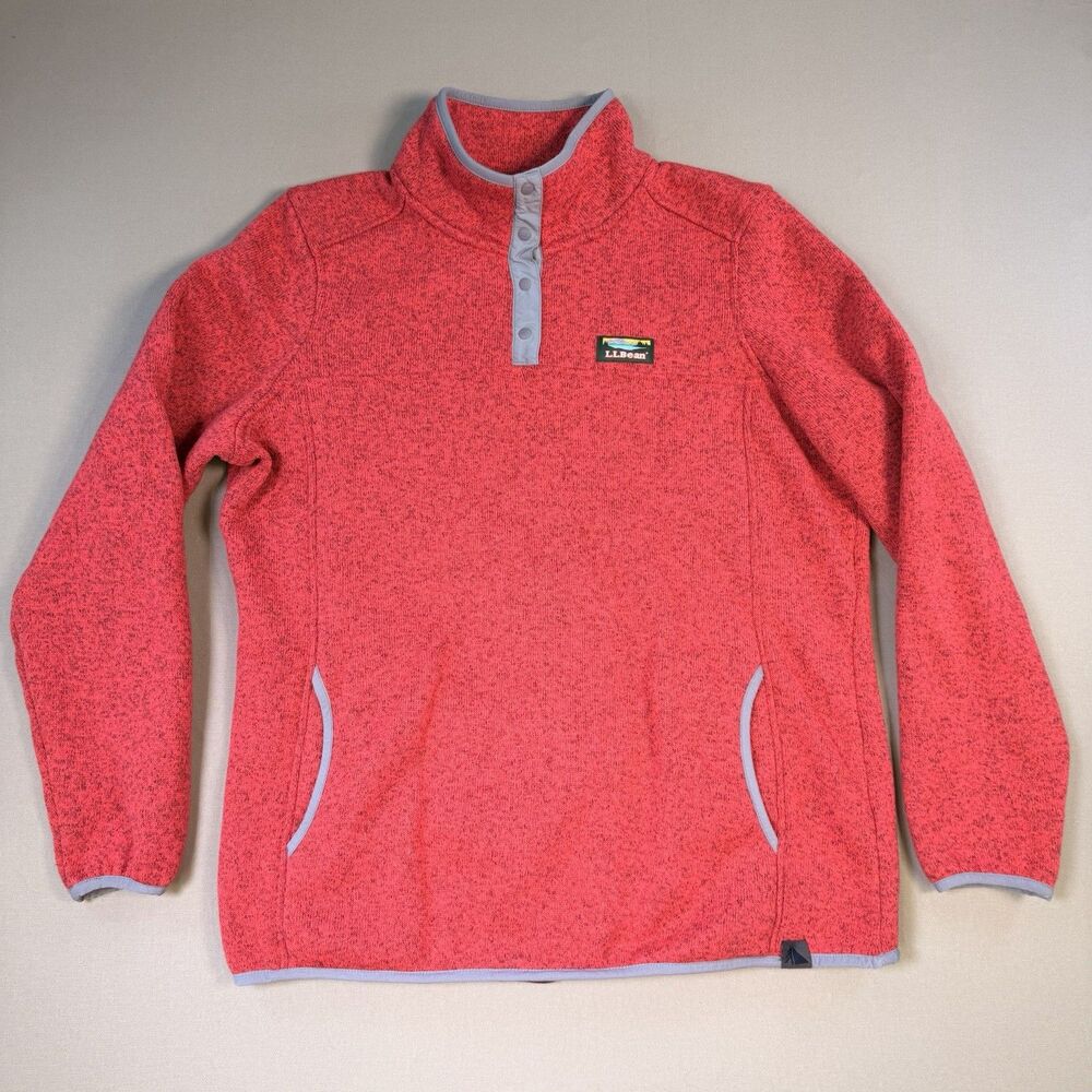 LL Bean Sweater Mens XL Red Fleece Quarter Snap Mock Neck Pullover Pockets